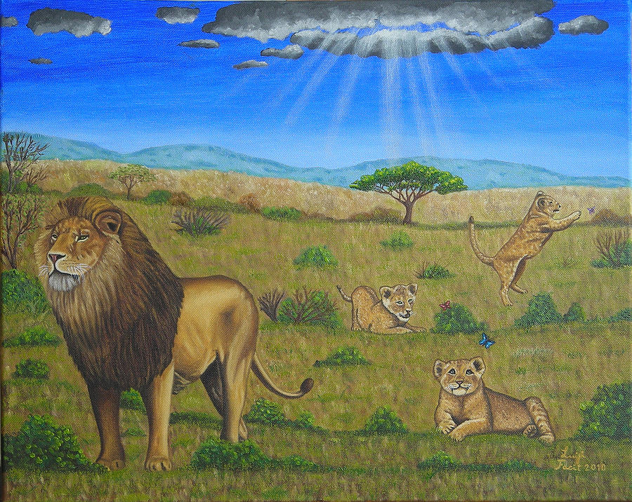 900x716 Wildlife Paintings A Lion With Three Cubs In The Savannah Painting - Savannah Painting