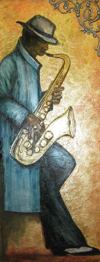 344x900 Sax Player Painting By Judy Merrell - Saxophone Player Painting