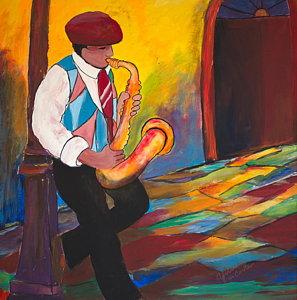 297x300 Saxophone Player Painting By Yolanda Decosta - Saxophone Player Painting