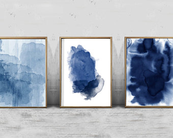 340x270 Set Of 3 Abstract Watercolor Prints Indigo Blue Art Navy Wall - Scandinavian Painting