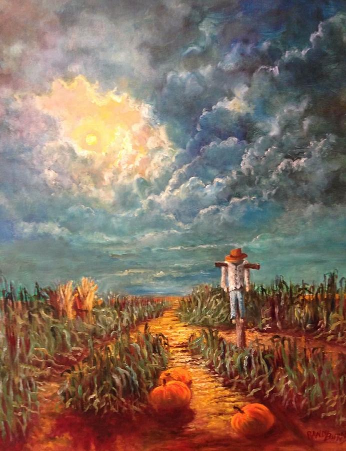 692x900 Scarecrow Moon Pumpkins And Mystery Painting By Randy Burns - Scarecrow Painting