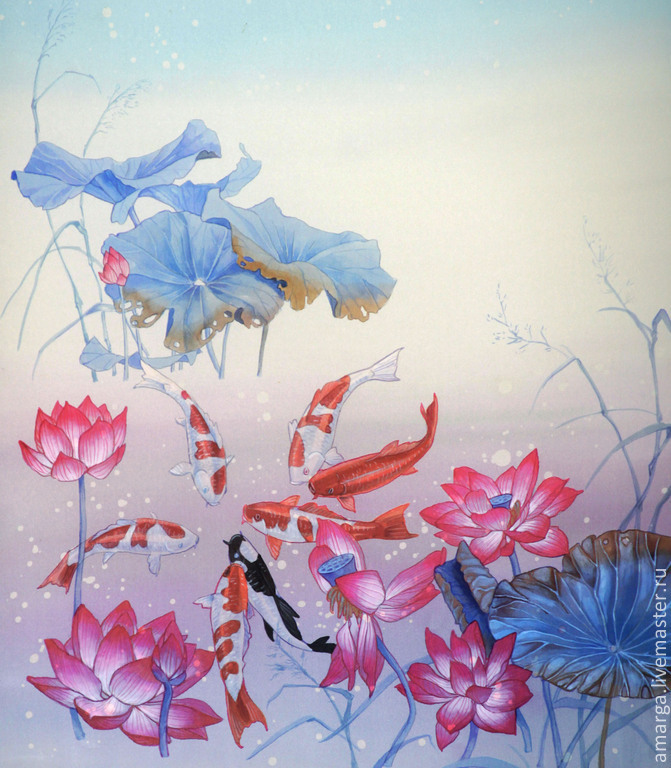 671x768 Silk Batik Scarf Lotus And Fish Shop Online On Livemaster - Scarf Painting