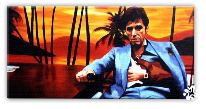 686x365 Scarface In Lopez's Office With Sunset Wallpaper Canvas - Scarface Painting