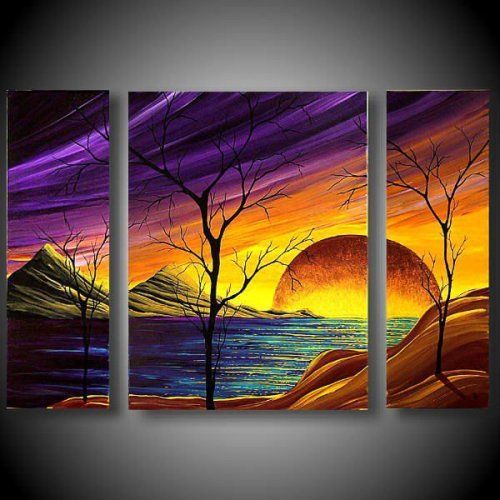 500x500 Huge Setting Sun, Mountains, Purple Sky, Tree Silhouette Painting - Scenery Painting On Canvas