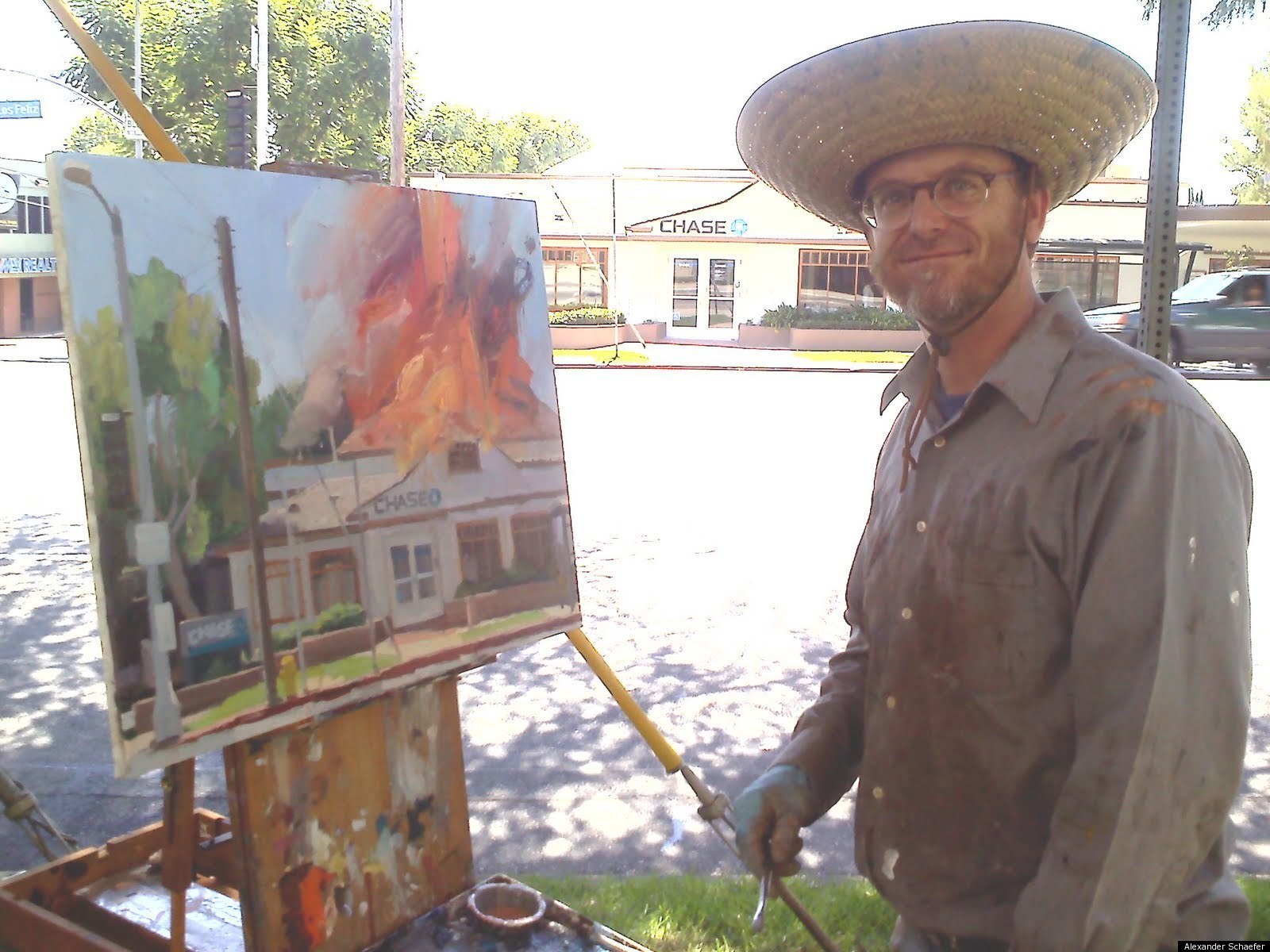 1600x1200 Los Angeles Artist Alex Schaefer's Painting Of A Burning Bank - Schaefer Painting