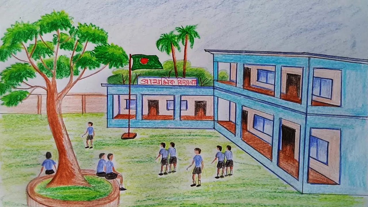 1280x720 How To Draw School Scene Step By Step (Very Easy) - School Building Painting