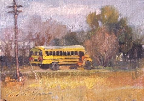 475x333 Topping The Hill School Bus, Country, Telephone Pole Original Art - School Bus Painting