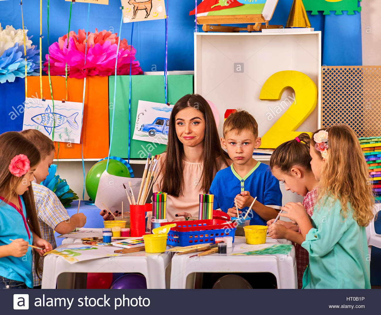 1300x1074 Children Painting And Drawing Together Craft Lesson In Primary - School Children Painting