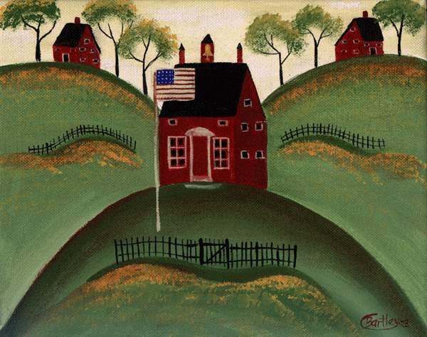 600x474 Primitive American Little Red School House Print - School House Painting