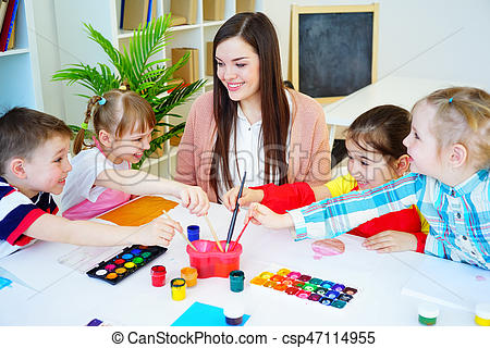 450x320 Art Lesson In Elementary School. Kids Painting On An Art Class - School Kids Painting