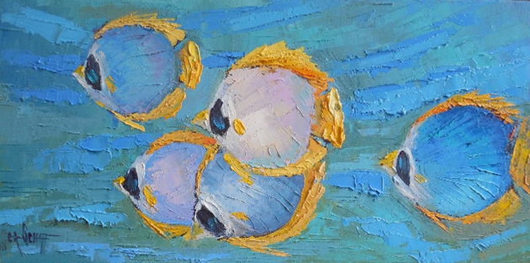 1032x512 Fish Painting, Oil Palette Knife Painting, Textured Painting - School Of Fish Painting