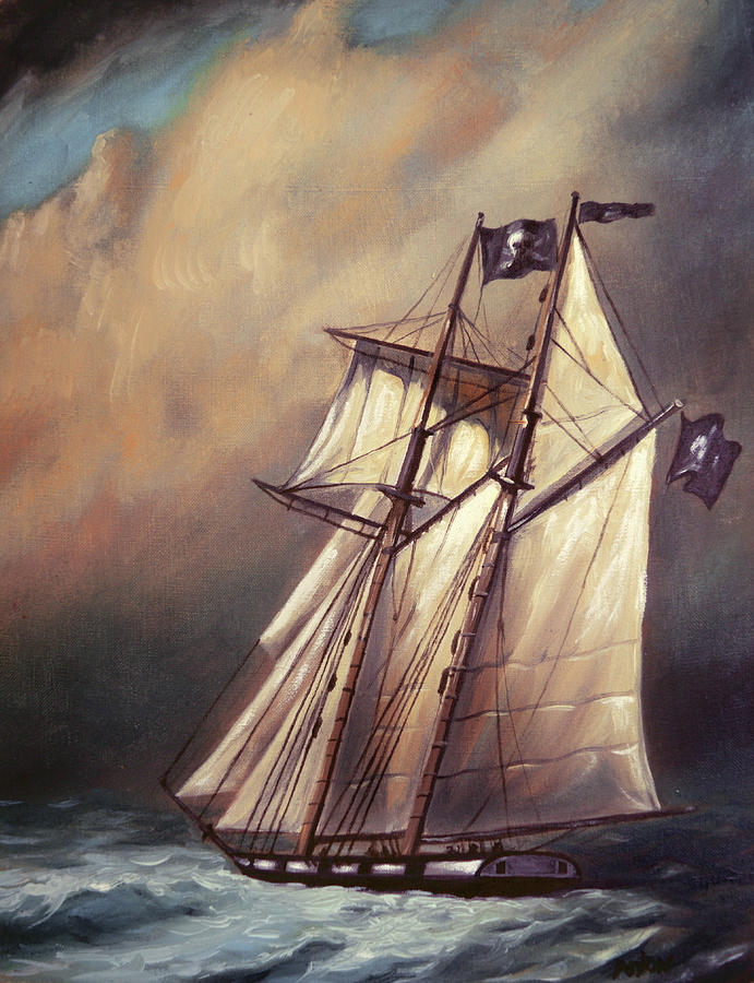 691x900 Pirate Schooner In Stormy Sea Painting By A Prints - Schooner Painting