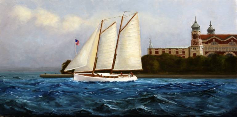 770x380 Saatchi Art Pilot Schooner Off Ellis Island Painting By Mark Hunter - Schooner Painting