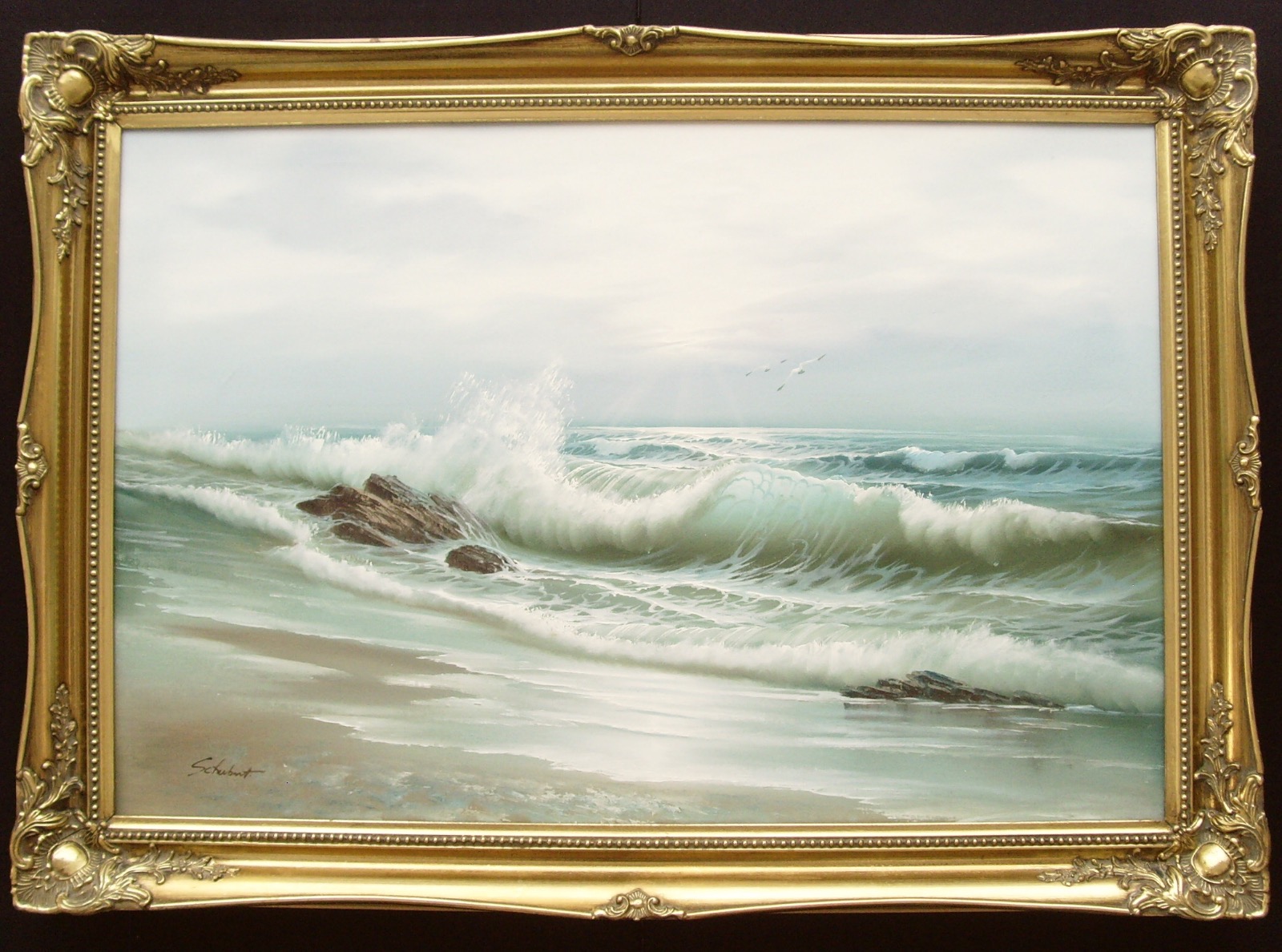 1600x1188 Large Original Seascape Ocean Waves Breaking Shore By Professional - Schubert Painting