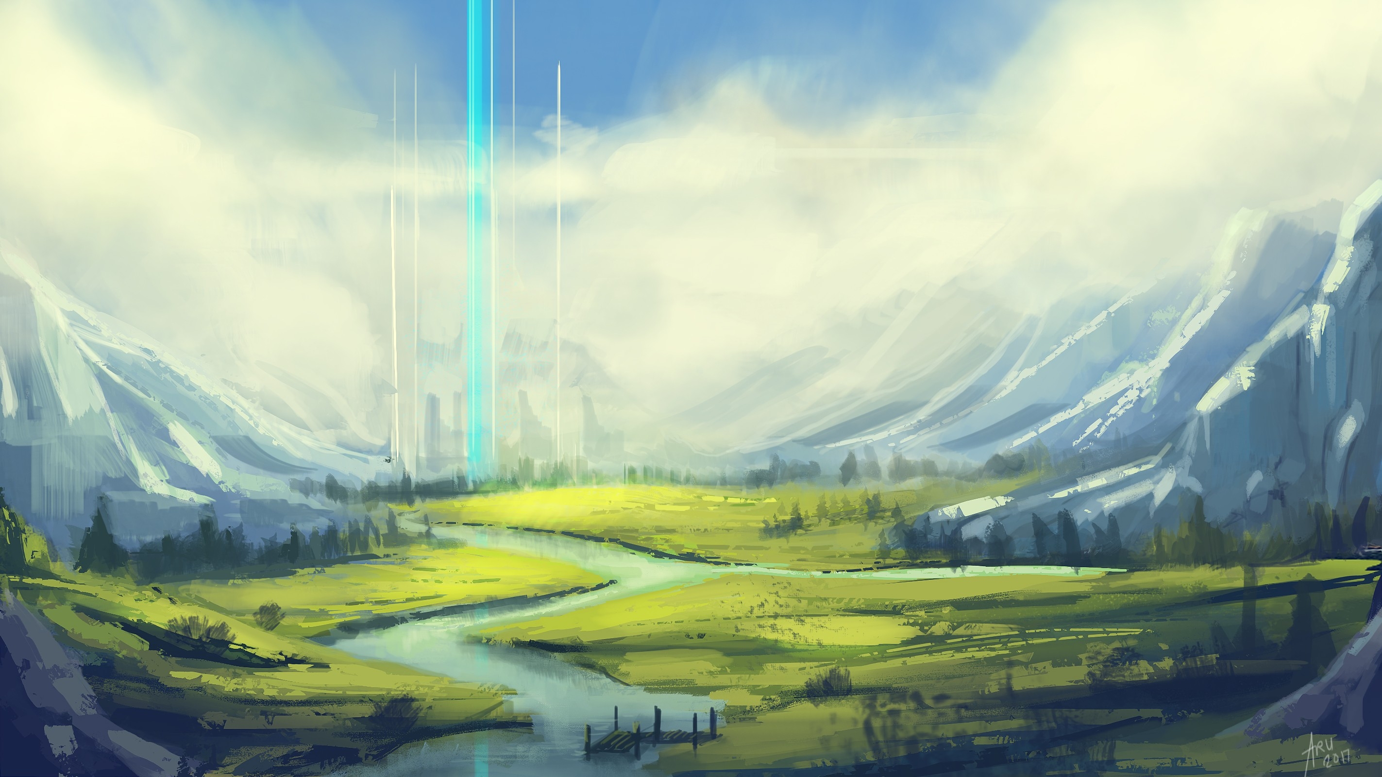 2846x1600 Wallpaper Fantasy World, Sci Fi, Landscape, Field, Mountains - Sci Fi Painting