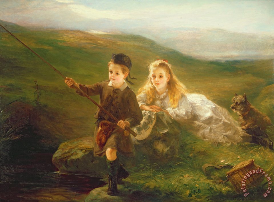 960x708 Otto Leyde Two Children Fishing In Scotland Painting - Scotland Painting