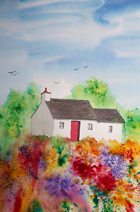 570x864 Highland Croft Original Brusho Painting Scottish Highlands - Scottish Painting