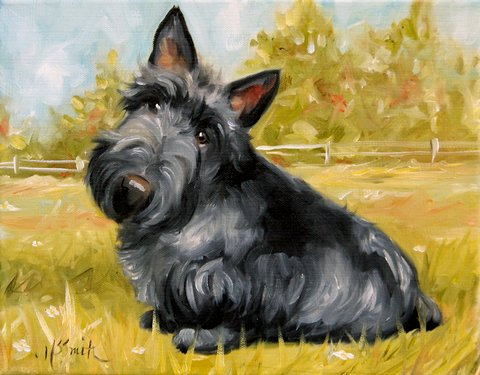 480x375 Print Scottish Terrier Scottie Dog Puppy Art Oil Painting - Scottish Terrier Painting