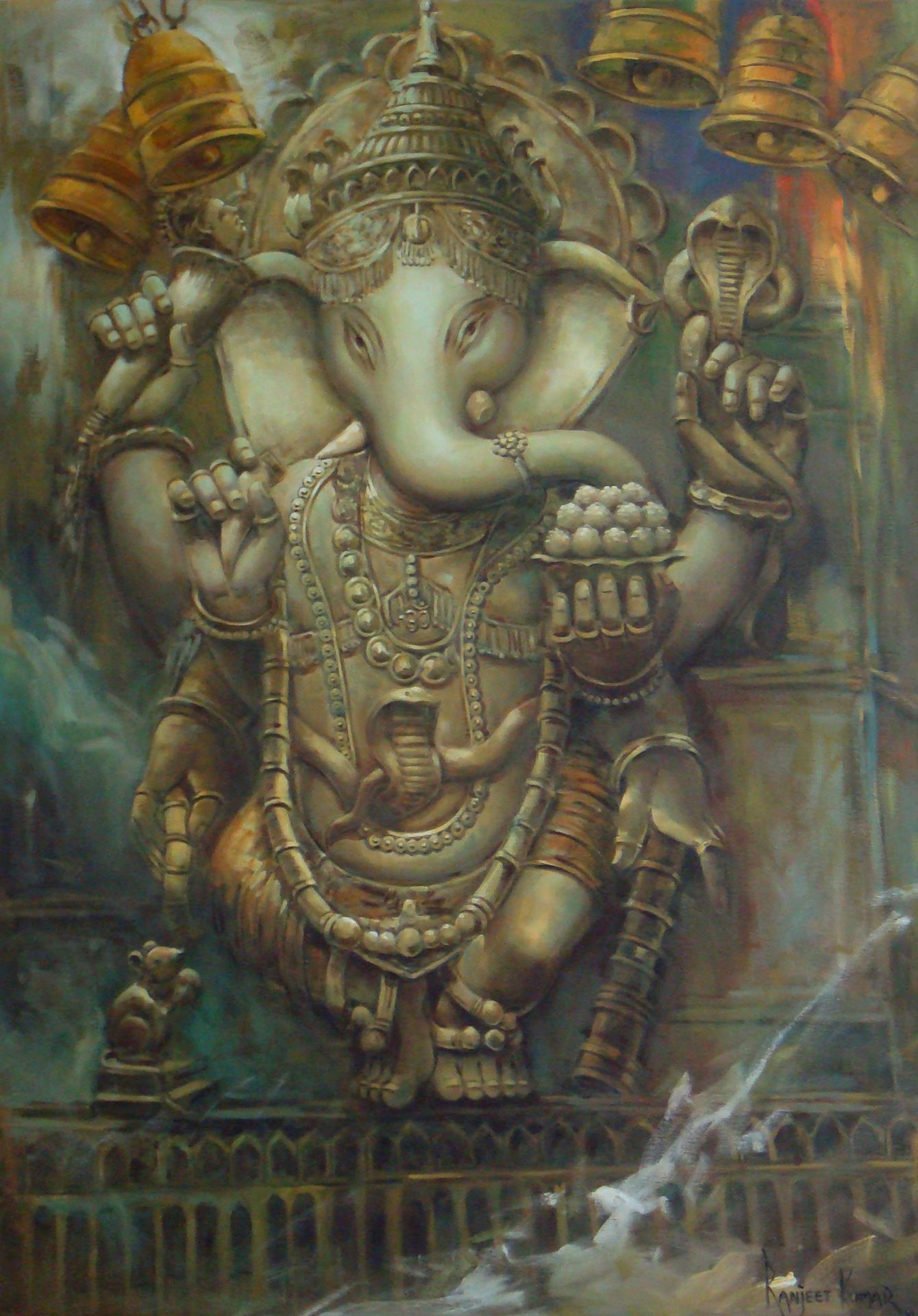 1340x1920 Lord Ganesha Oil Sculpture Hand Painted Art Painting 41in X 30in - Sculpture Painting