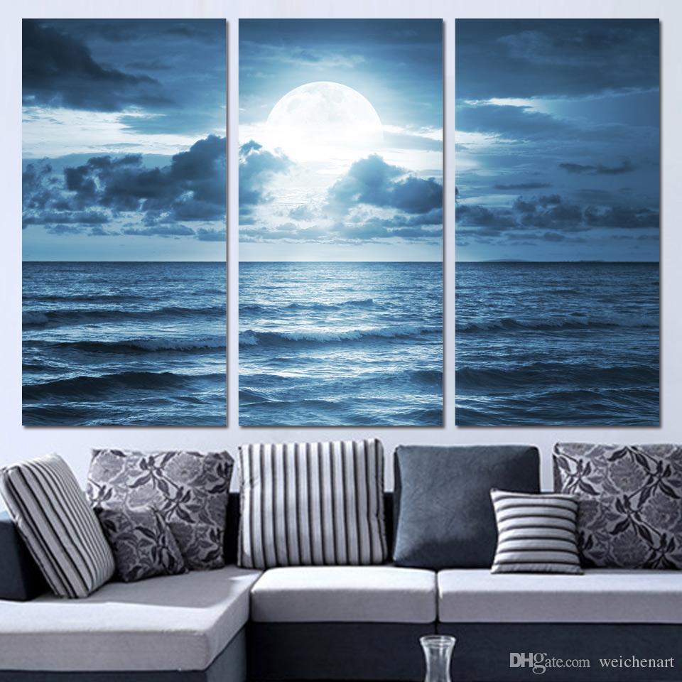 960x960 Best 3 Panels Canvas Art Full Moon Moonlight Sea Home Decor Wall - Sea Canvas Painting