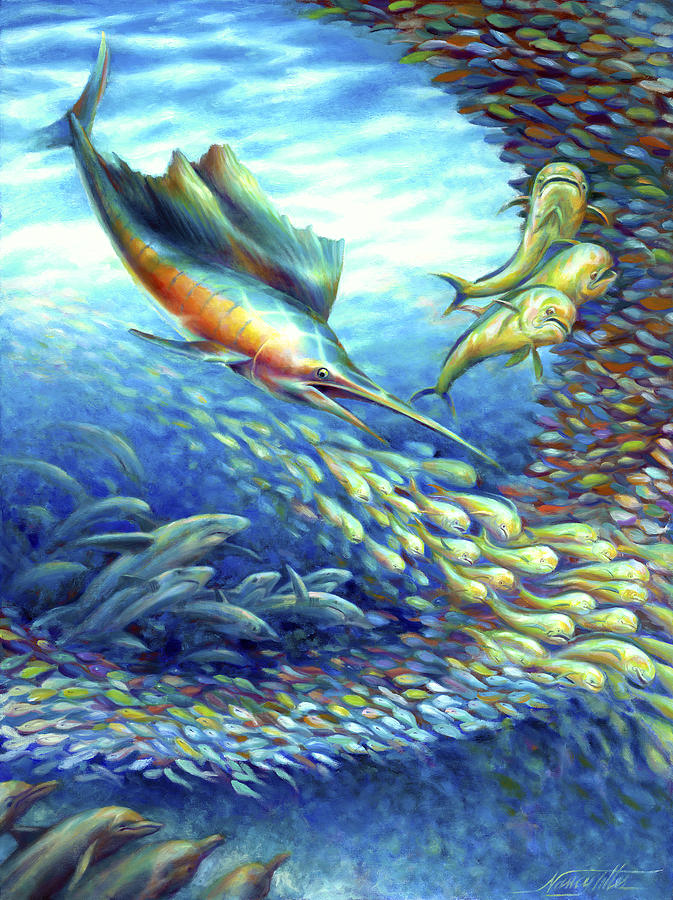673x900 Sailfish Plunders Baitball Ii - Sea Fish Painting