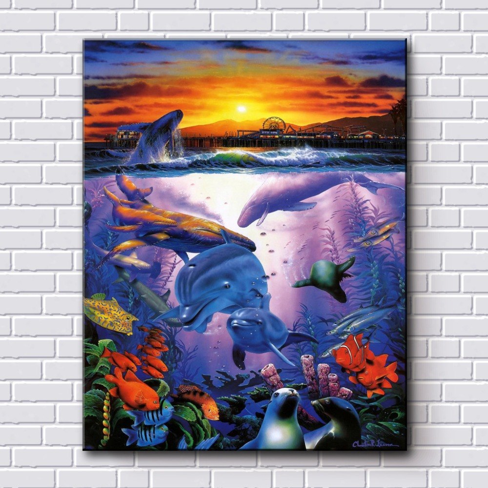 1000x1000 Cartoon Animal Color Sea Fish Wave Sunrise Scenery Oil Painting - Sea Fish Painting