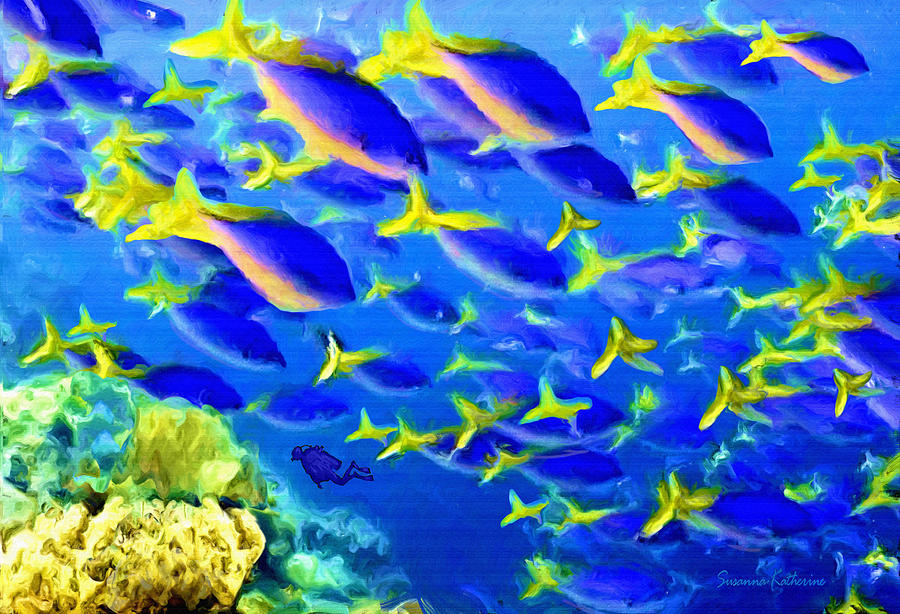 900x614 Deep Sea Fish And Diver Painting By Susanna Katherine - Sea Fish Painting