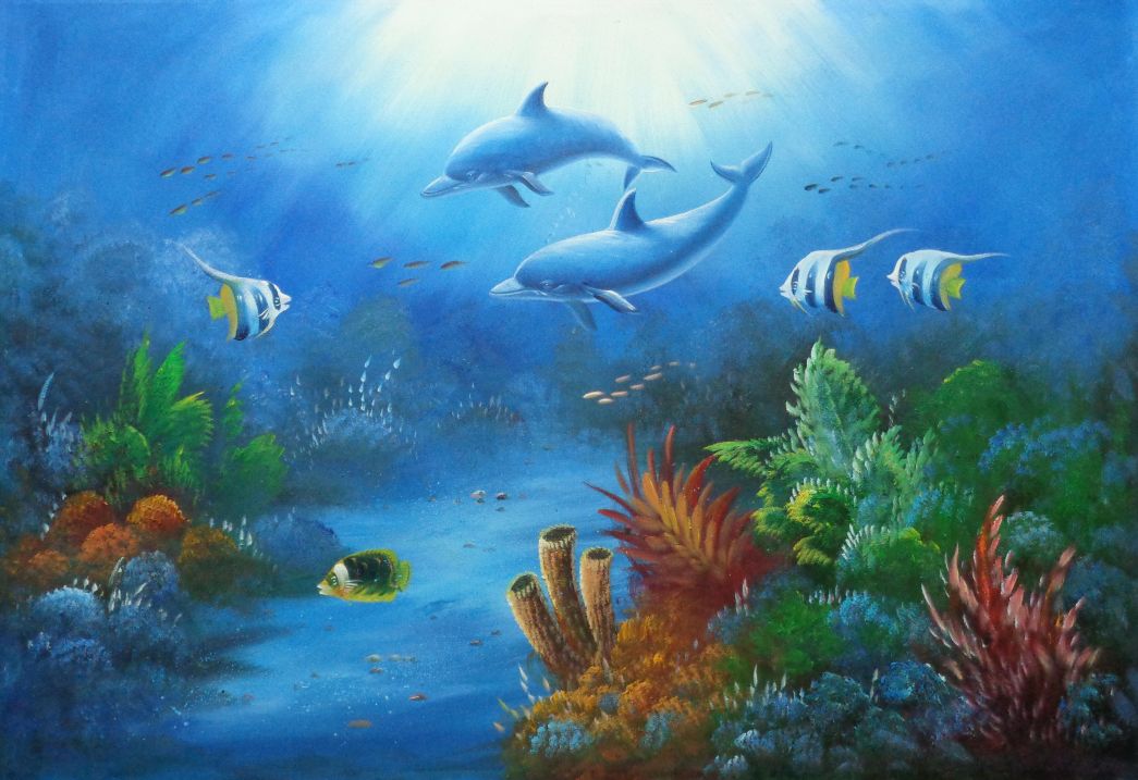 1045x717 The Wonderful Sea World Oil Painting Animal Marine Life Dolphin - Sea Life Painting