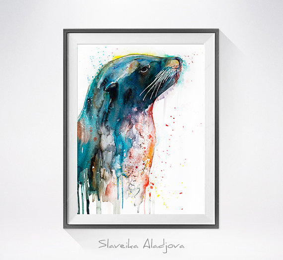 570x525 Sea Lion Watercolor Painting Print - Sea Lion Painting