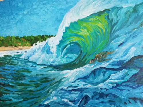 498x373 Sea Turtle Surfing Near The Beach Acrylic Painting - Sea Painting