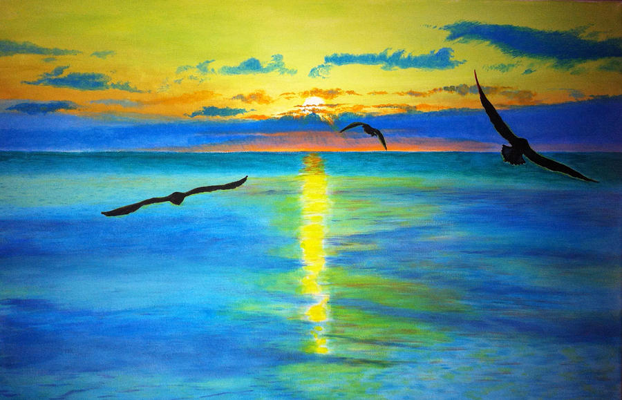 900x579 Sunset On The Sea Painting By Tamara Shturba - Sea Painting
