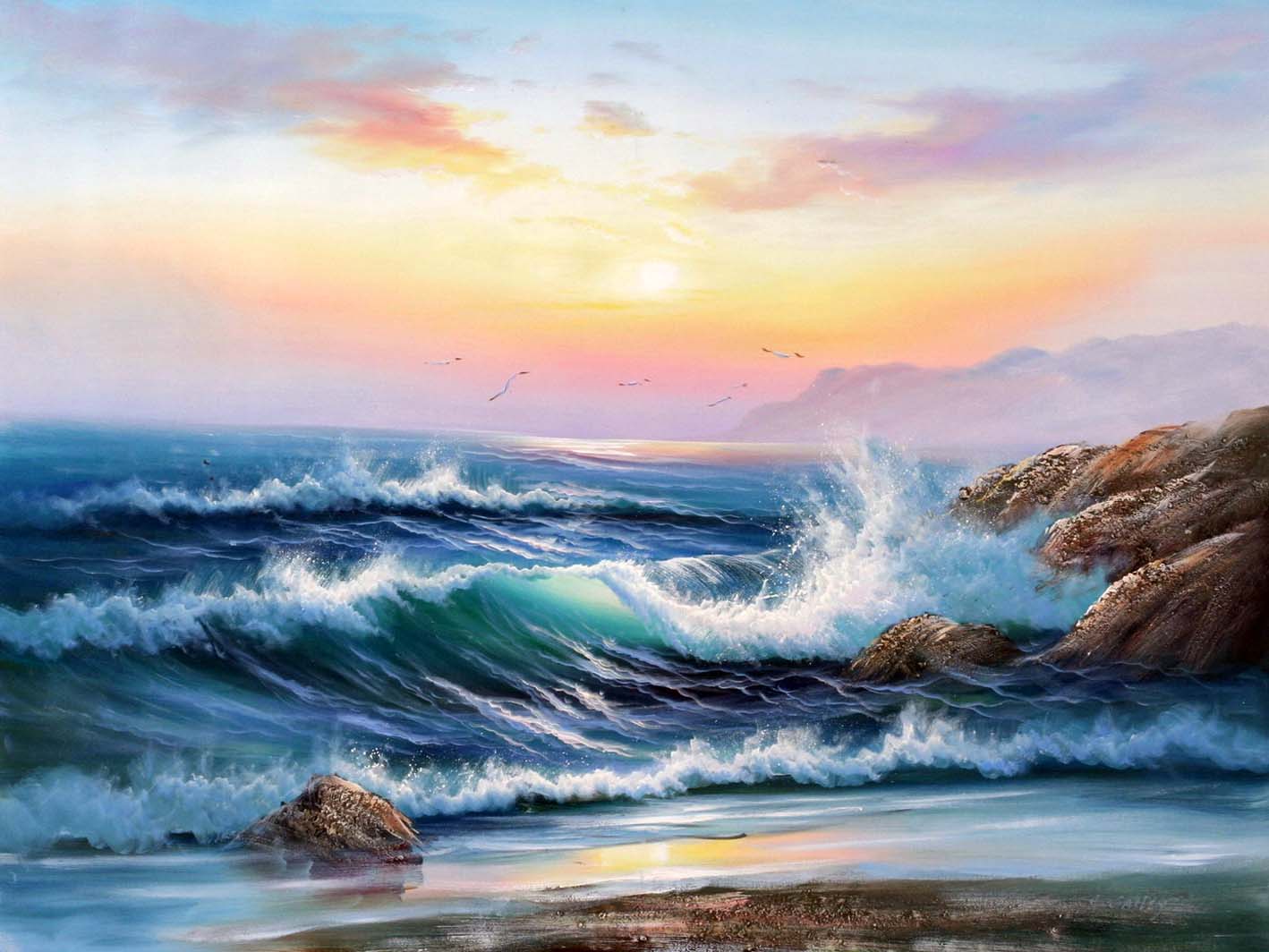 1418x1064 Sunrise Over The Sea - Sea Painting Images