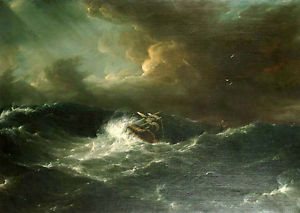 300x213 Art Oil Painting Sailboat Capsized On The Sea - Sea Storm Painting