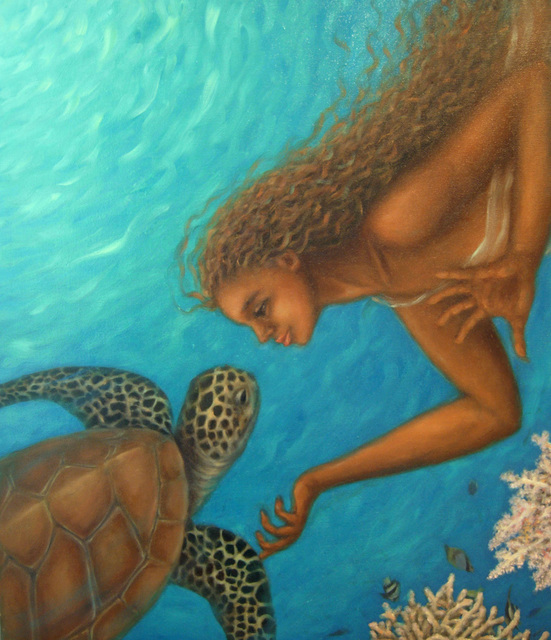 551x640 Kyoko Yamaji Artwork Turtle Original Painting Oil Sea Life Art - Sea Turtle Oil Painting