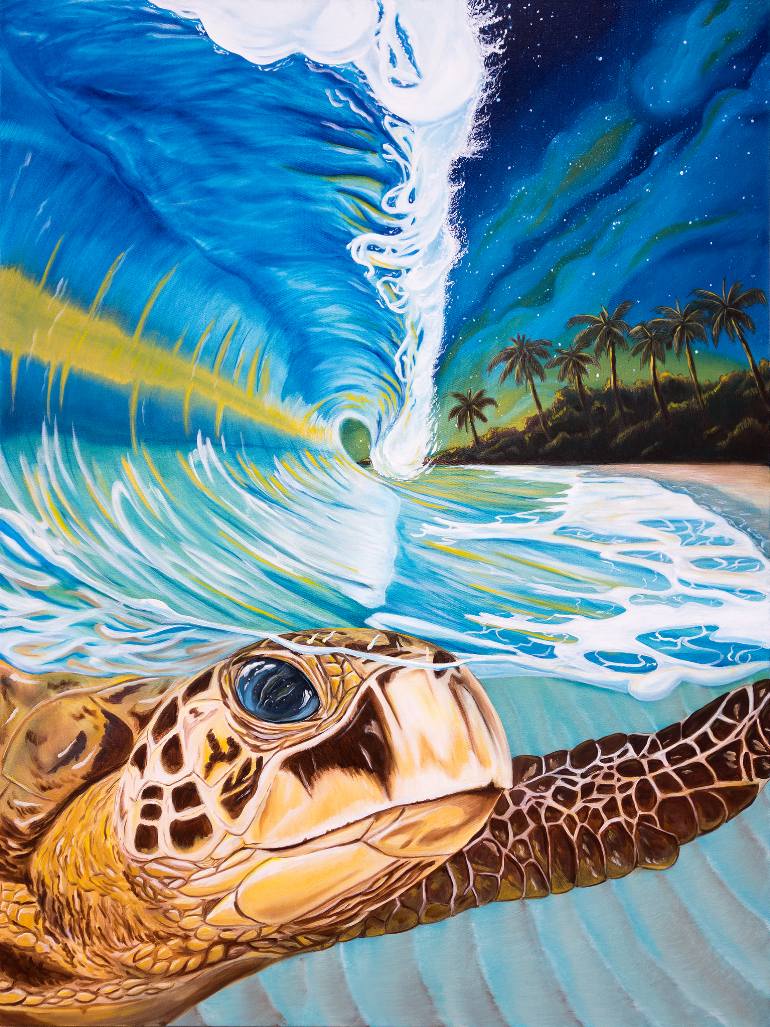 770x1027 Saatchi Art Sea Turtle Crashing Wave Hawaiian Sunset Painting - Sea Turtle Painting