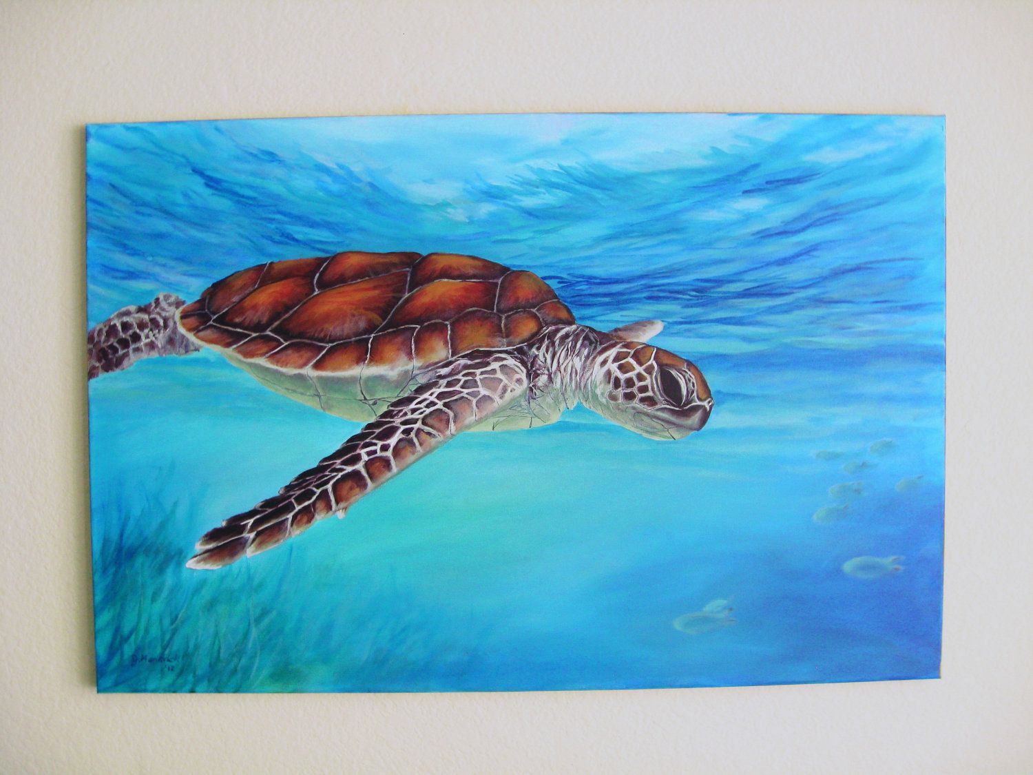 1500x1125 Original 24x36 Sea Turtle Painting On Canvas By J. Mandrick - Sea Turtle Painting Canvas