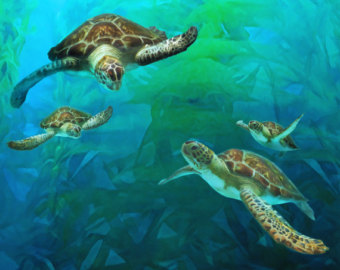 340x270 Sea Turtle Family Art Print Green Sea Turtle Turtle Print - Sea Turtle Painting Canvas