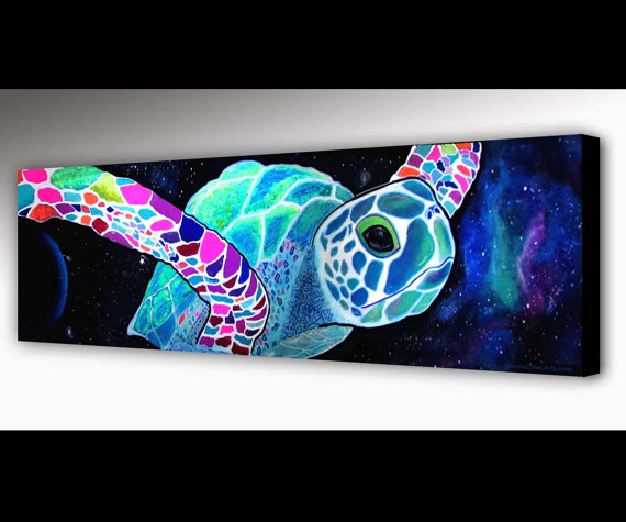 570x475 Sea Turtle Wall Art Outer Space Surf Art Sea Turtle - Sea Turtle Painting Canvas