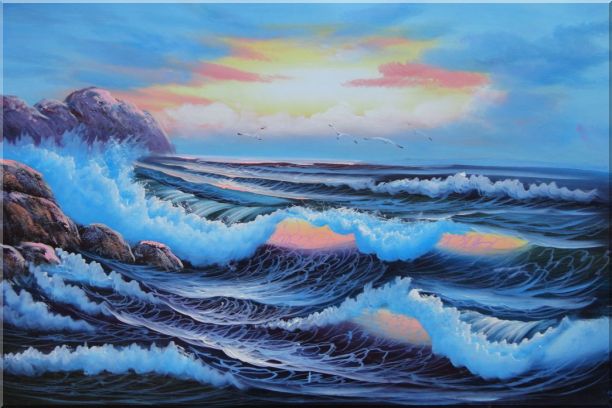 612x408 Sea Waves Crashing Over Rocks On Coast Of Sea Oil Painting - Sea Waves Painting