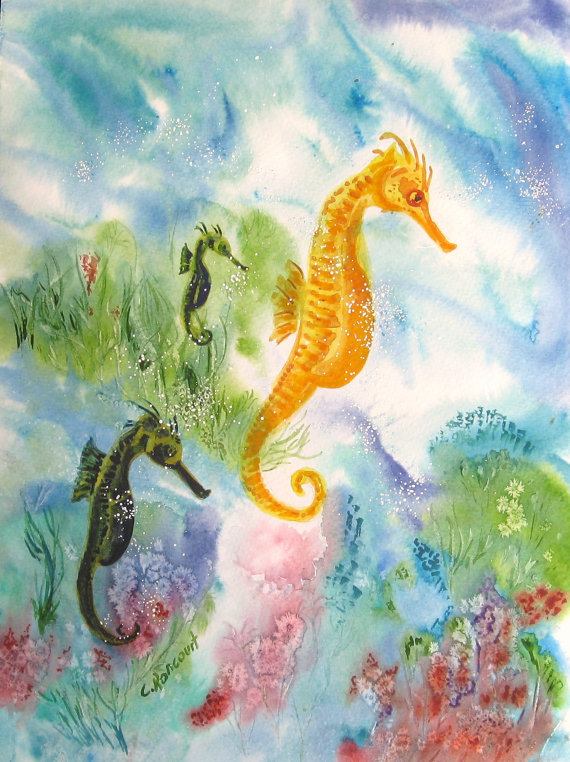 570x762 Sea Horse Painting. Sea World Sea Life Coral By Cecilerancourtart - Sea World Painting