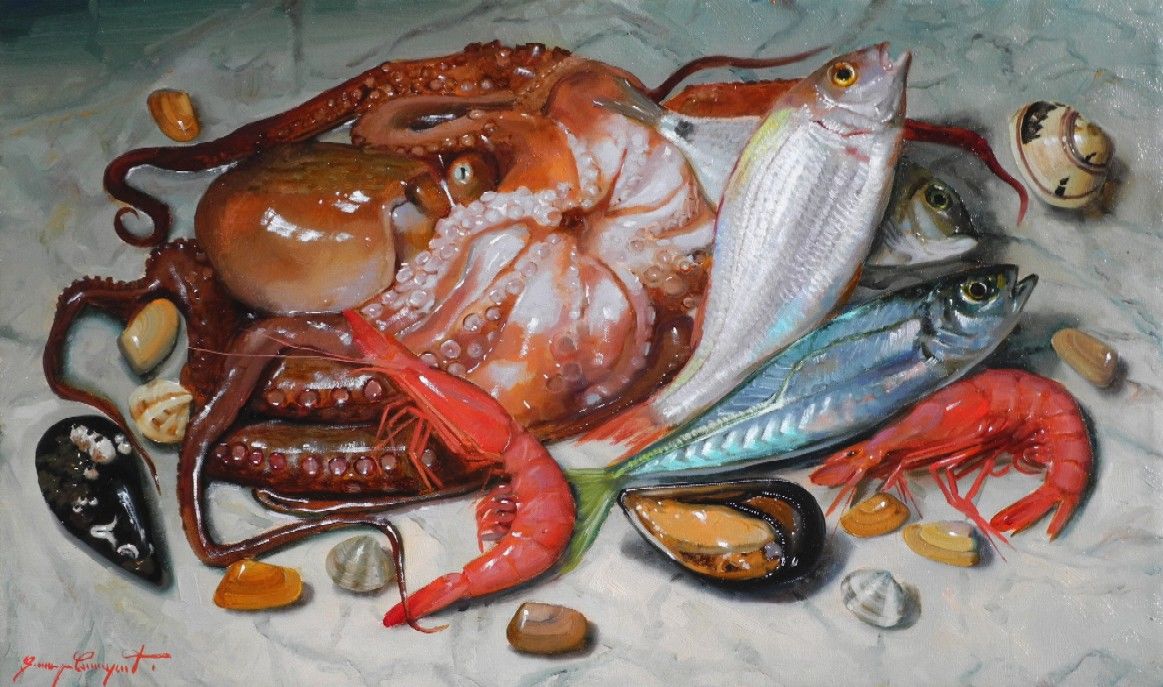 1163x687 Still Life With Fish (Giuseppe Cacciapuoti) - Seafood Painting
