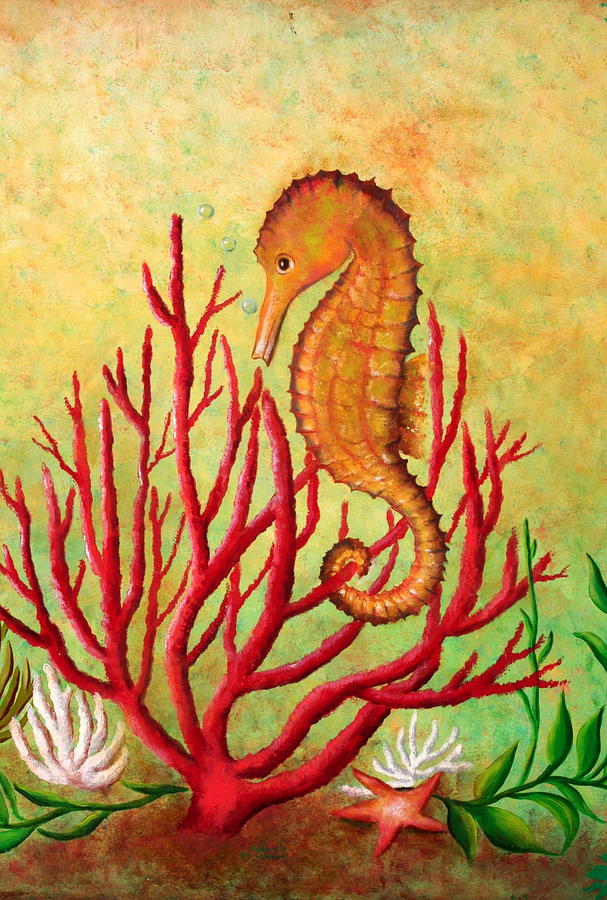 607x900 Seahorse And Coral Painting By Gabriela Valencia - Seahorse Acrylic Painting
