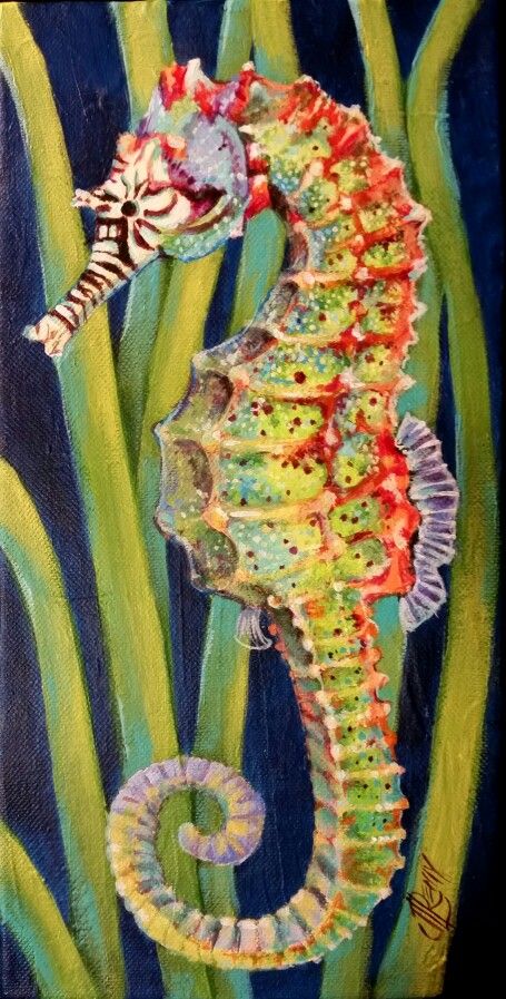 455x897 Somewhere Over The Rainbow' Seahorse 6 X 12 Acrylic On Gallery - Seahorse Acrylic Painting