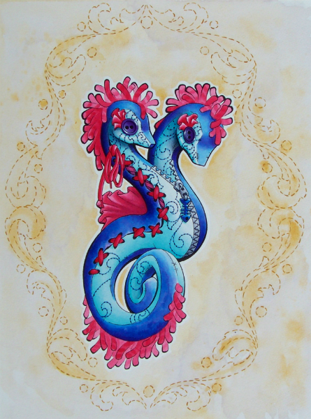 445x600 Two Headed Seahorse Acrylic Painting - Seahorse Acrylic Painting