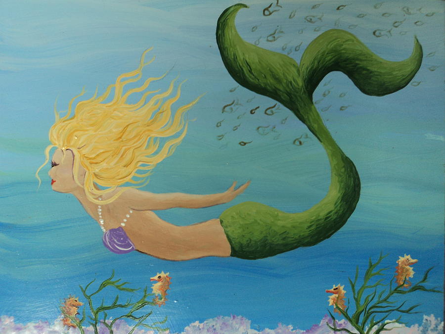900x675 Mermaid And Seahorse Friends Painting By Osee Koger - Seahorse Acrylic Painting