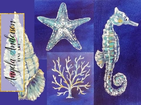 480x360 Nautical Acrylic Canvas Coral Seashell Starfish Amp Seahorse Sea - Seahorse Acrylic Painting