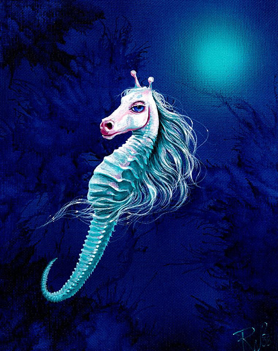 570x718 Rw2 Original Acrylic Seahorse Painting By Robert Walker Blue - Seahorse Painting