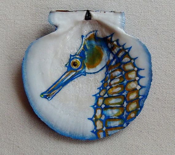 570x504 Blue Seahorse Painted On Scallop Shell From By Nightingalearts - Seahorse Painting