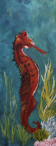 236x618 Seahorse Painting Original Framed Art Coral Pink Green By 3crows - Seahorse Painting Canvas