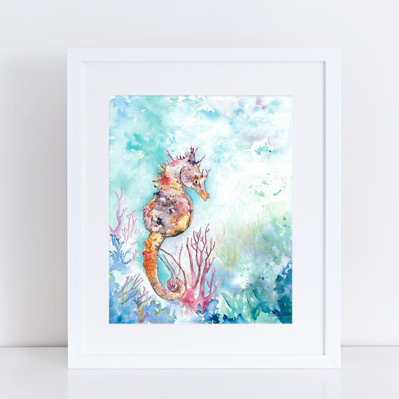 570x570 Seahorse Watercolor Print Ocean Life Coral Beach Art - Seahorse Watercolor Painting